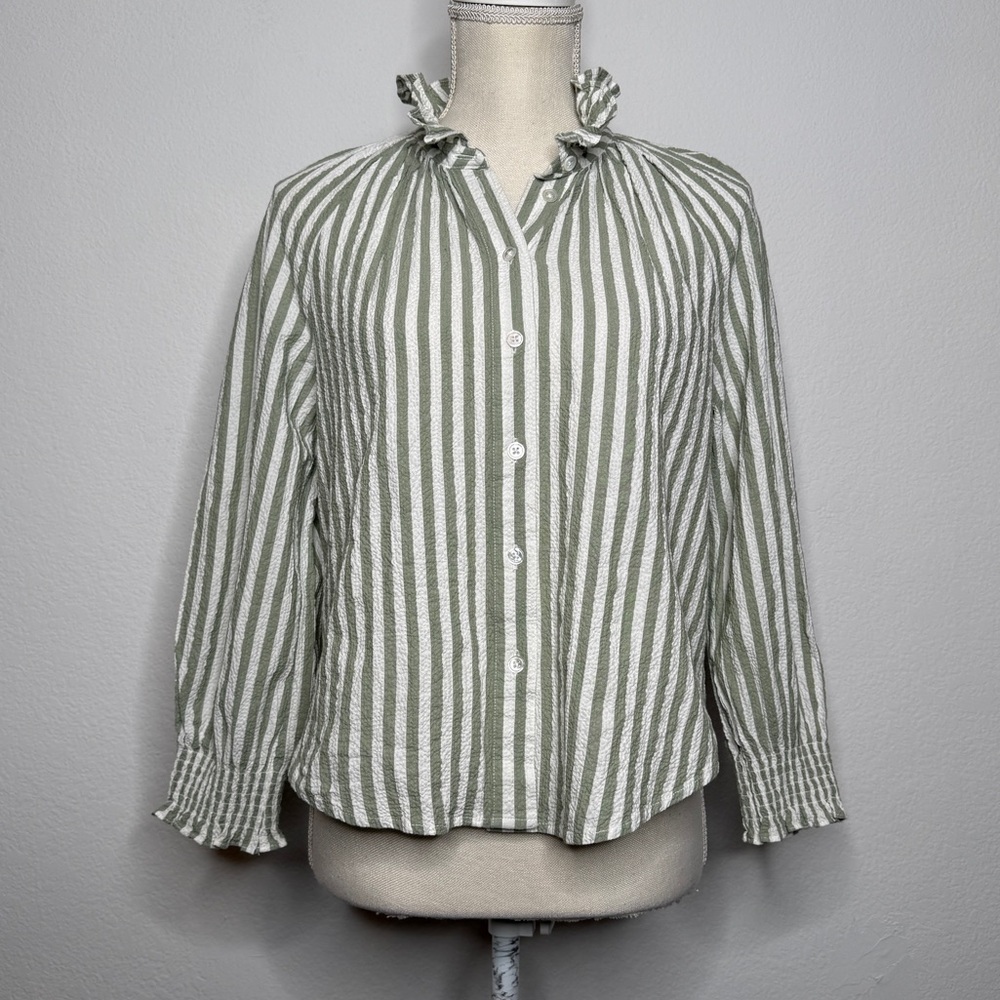 Veronica Beard Calisto Stripe Blouse Green White Ruffle Collar Cotton Size 4
